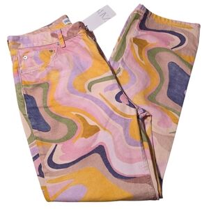 Zara Size 14 Multicolor Swirls Straight Leg Button Closure Jeans Nwt